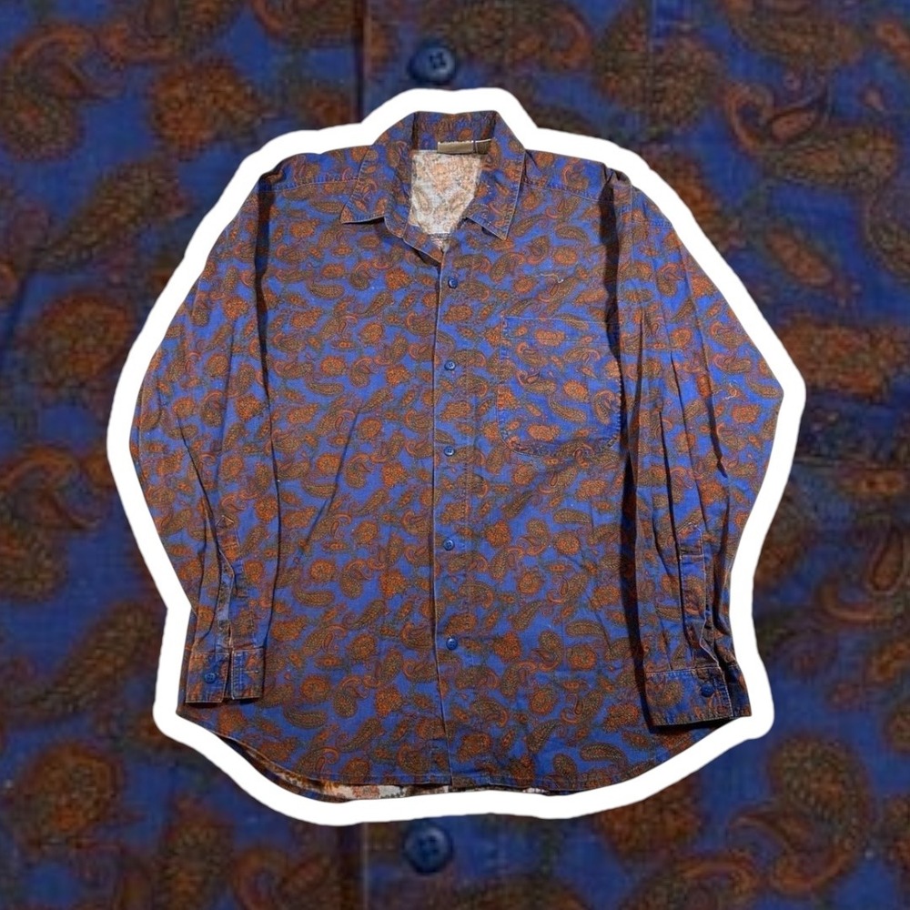 Vintage Gitano Western Paisley Button Down Shirt Long Sleeve Casual Blue‎ Orange